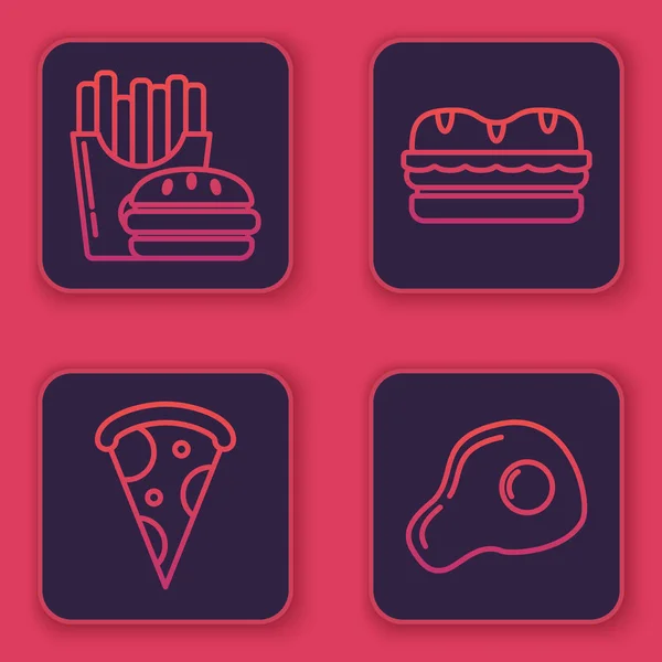 Сет линии Бургер и картофель фри в коробке пакет коробка, кусок пиццы, сэндвич и яичница. Синяя квадратная кнопка. Вектор — стоковый вектор
