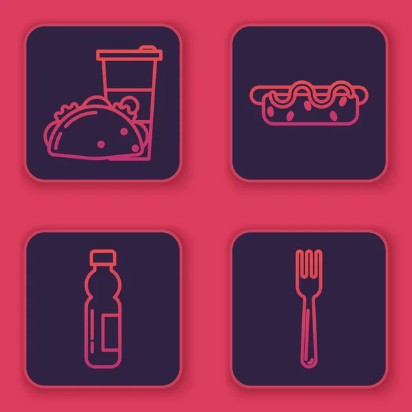 Set-Line-Papierglas und Taco mit Tortilla, Flasche Wasser, Hotdog-Sandwich mit Senf und Gabel. blauer quadratischer Knopf. Vektor — Stockvektor