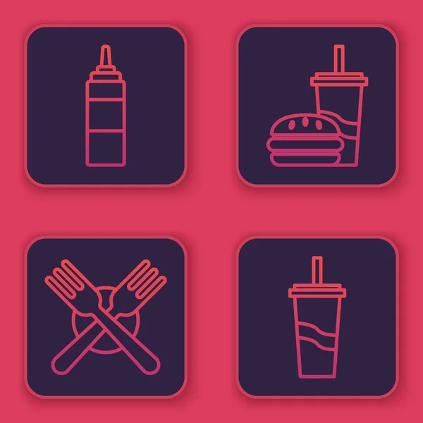 Σετ γραμμή Σάλτσα μπουκάλι, σταυρωτό πιρούνι, γυαλί από χαρτί με καλαμάκι και burger και γυαλί από χαρτί με καλαμάκι και νερό. Μπλε τετράγωνο κουμπί. Διάνυσμα — Διανυσματικό Αρχείο