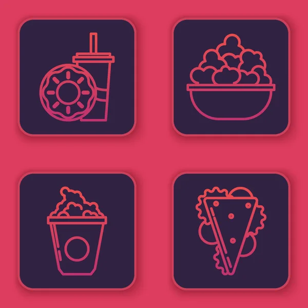 Set lijn Papier glas met drinkstro en donut, Popcorn in kartonnen doos, Popcorn in kom en Sandwich. Blauwe vierkante knop. Vector — Stockvector