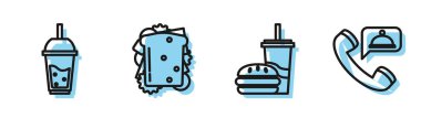 Set line Paper glass with drinking straw and burger, Glass of lemonade with drinking straw, Sandwich and Food ordering icon. Vector