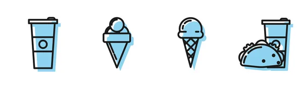 Установить линию мороженое в вафельный конус, Бумажный стакан и вода, мороженое в вафельный конус и бумажный стакан и тако с иконой тортильи. Вектор — стоковый вектор