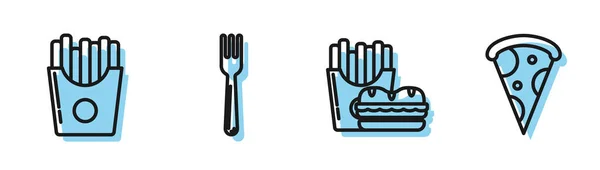 Set line Hamburguesa y papas fritas en caja de cartón, papas fritas en caja de cartón, tenedor y rebanada de pizza icono. Vector — Archivo Imágenes Vectoriales