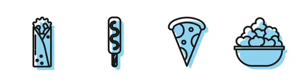 Állítsa be a vonal szelet pizza, Doner kebab, Jégkrém és popcorn tálban ikon. Vektor — Stock Vector
