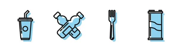 Liniengabel, Papierglas mit Trinkhalm und Wasser, gekreuzte Wasserflasche und Getränkedose-Symbol. Vektor — Stockvektor