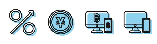 Setzen Sie Zeile Computermonitor mit Handy und Bitcoin, Prozent nach oben Pfeil, Münzgeld mit Yen-Symbol und Computermonitor und Handy-Symbol. Vektor — Stockvektor