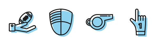 Set lijn Fluiten, American Football bal bij de hand, Football club logo template en nummer 1 fan hand handschoen met vinger opgeheven pictogram. Vector — Stockvector