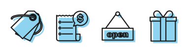 Satır Asma işaretini metin açık kapısı, boş etiket şablon fiyat etiketi, kağıt kontrol ve mali kontrol ve hediye kutusu simgesi ile ayarla. Vektör