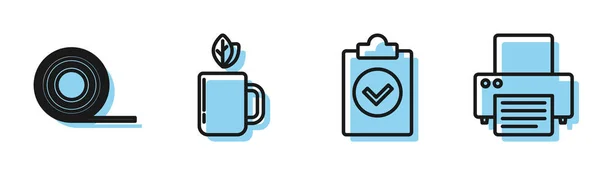 Set line Completed task, Scotch, Cup of tea and leaf and Printer icon. Vector — Stock Vector