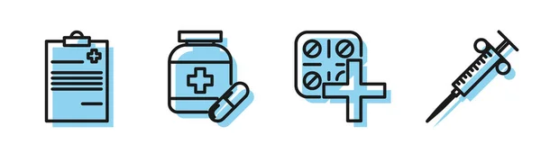Set line Pillen in blisterverpakking, Medisch klembord met klinisch dossier, Medicijn fles en pillen en spuit pictogram. Vector — Stockvector