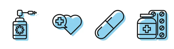 Definir linha Medicina pílula ou comprimido, garrafa médica com pulverizador de bocal, coração com uma cruz e medicina garrafa e comprimidos ícone. Vetor — Vetor de Stock