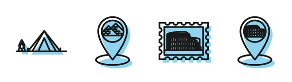 Set line Postal stamp and Coliseum, Tourist tent with wood fire, Map pointer with Egypt pyramids and Map pointer with Coliseum in Rome, Italy icon. Vector — ストックベクタ