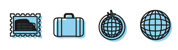 Set line Globe con avión volador, sello postal y Coliseo, maleta para viajes e icono del globo terráqueo. Vector — Vector de stock