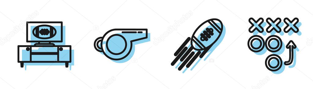 Set line American Football ball, American football on tv program and stand, Whistle and Planning strategy concept icon. Vector