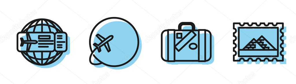 Set line Suitcase for travel and stickers, Airline ticket, Globe with flying plane and Postal stamp and Egypt pyramids icon. Vector