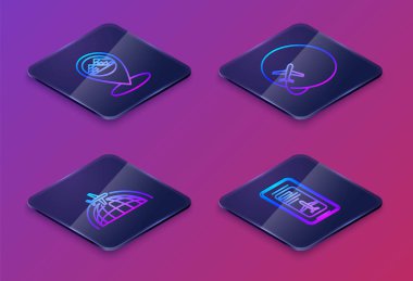 Mısır piramitleri ile Isometric hattı harita işaretleyicisini, uçan uçakla Globe 'u, uçan uçakla Globe' u ve elektronik uçuş kartı ile Smartphone 'u ayarlayın. Mavi kare düğme. Vektör