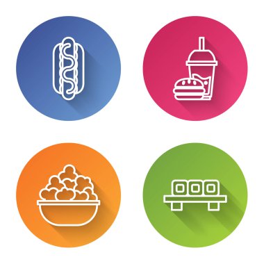 Hardallı Hotdog sandviçi, kamış ve burgerli kağıt bardak, kasede patlamış mısır ve kesme tahtasında suşi. Renkli daire düğmesi. Vektör