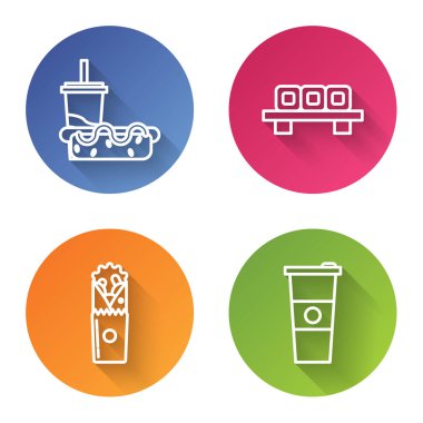 Pipet ve sosisli sandviçli kağıt bardak, kesme tahtasına suşi, kebap ve kağıt bardak ve su koyun. Renkli daire düğmesi. Vektör