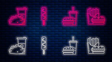Dondurma, kamış ve burger içen kağıt bardak tortilla, hamburger ve patates kızartması ile karton kutu. Tuğla duvarda parlayan neon simgesi. Vektör