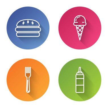 Çizgi Burger, waffle külahında dondurma, çatal ve sos şişesi. Renkli daire düğmesi. Vektör