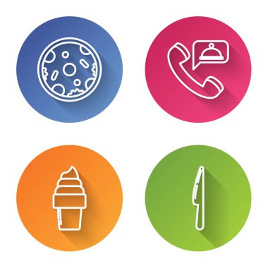 Pizza, yemek siparişi, waffle külahında dondurma ve bıçak. Renkli daire düğmesi. Vektör