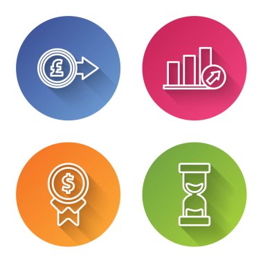 Satır parasını sterlin sembolü ile ayarla, grafikle, çizelgeyle, diyagramla sunum finansmanı, bilgi grafiği, pasta grafiği, iyi iş için ödül ve eski kum saati. Renkli daire düğmesi. Vektör