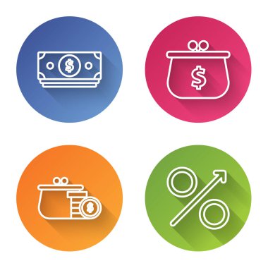 Hat Stacks kağıt para, dolar sembollü cüzdan, bozuk paralarla cüzdan ve yukarı doğru ok. Renkli daire düğmesi. Vektör