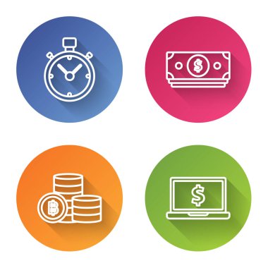 Satır Stopwatch, deste kağıt para, Bitcoin şifreli para ve dolar sembollü dizüstü bilgisayar. Renkli daire düğmesi. Vektör