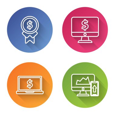 İyi iş için çizgi ödülünü ayarlayın, dolar sembollü bilgisayar monitörü, dolar sembollü dizüstü bilgisayar ve finans şeması ya da bilgisayar monitörü ve cep telefonunda grafik. Renkli daire düğmesi. Vektör