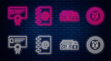 Satır Adres Defteri, Kilitli Para, Sertifika şablonu ve Yen sembollü Bozuk Para. Tuğla duvarda parlayan neon simgesi. Vektör