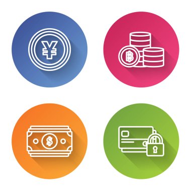 Yen sembollü bozuk para, Bitcoin şifreli para, para destesi ve kilitli kredi kartı. Renkli daire düğmesi. Vektör