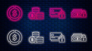 Şifreli Para Bitcoin, Kilitli Kredi kartı Dolar sembollü Bozuk Para ve Kilitli Para. Tuğla duvarda parlayan neon simgesi. Vektör