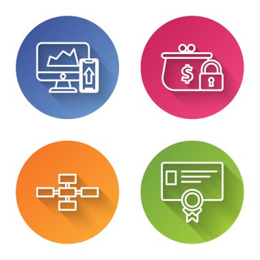 Satır Finansal şemasını ya da grafiğini bilgisayar monitörü ve cep telefonuna, kilitli kapalı cüzdan, iş hiyerarşisi organogram grafikleri ve sertifika şablonuna ayarla. Renkli daire düğmesi. Vektör