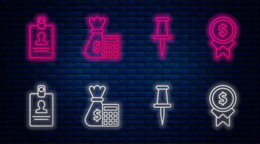 Hesap makinesini para çantası, iğne, kimlik kartı ve iyi iş çıkardığın için ödül ile ayarla. Tuğla duvarda parlayan neon simgesi. Vektör