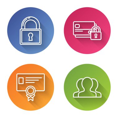 Satır Kilidi, Kilitli Kredi kartı, Sertifika şablonu ve Kullanıcı grubunu ayarla. Renkli daire düğmesi. Vektör