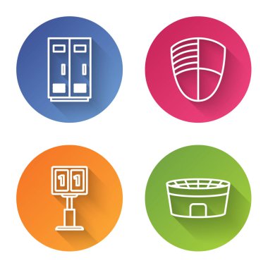 Futbol, basketbol takımı ya da işçiler için soyunma odası, futbol kulübü logosu, spor futbolu mekanik skorbordu ve sonuç sergisi ve futbol stadyumu. Renkli daire düğmesi. Vektör