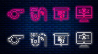 Çizgi Planlama Stratejisi konsepti, Planlama Stratejisi konsepti, Whistle ve Amerikan futbolu TV programında. Tuğla duvarda parlayan neon simgesi. Vektör