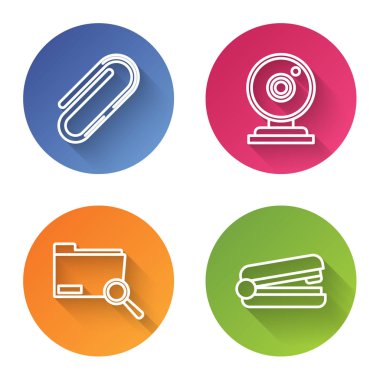 Ataç, web kamerası, klasör ve ofis zımbası ile arama konseptini ayarla. Renkli daire düğmesi. Vektör