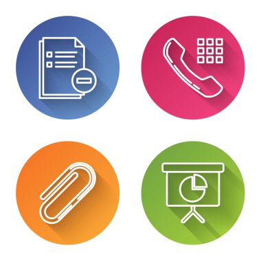Satır Belgesini eksi, Telefon ahizesi, Kağıt Ataç ve Sunum Finansal Kurulu ile grafik, çizelge, diyagram, bilgi grafiği, pasta grafiği ile ayarla. Renkli daire düğmesi. Vektör