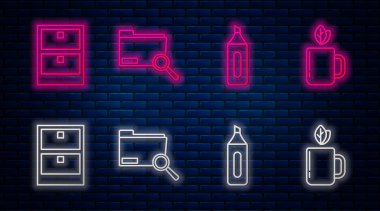Dosya, kalem, arşiv kâğıtları çekmecesi ve bir fincan çay ve yaprak ile satır arama kavramını ayarla. Tuğla duvarda parlayan neon simgesi. Vektör