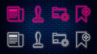 Satır Damgası, Dizin ayarları, Haber ve Yer İmleri ile ayarla. Tuğla duvarda parlayan neon simgesi. Vektör