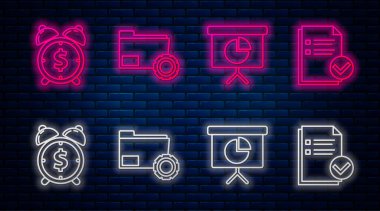 Dişliler ile satır dizini ayarları, grafik, grafik, diyagram, bilgi grafiği, turta grafiği, dolar ve belge ile alarm saati ayarlayın ve işaretleyin. Tuğla duvarda parlayan neon simgesi. Vektör