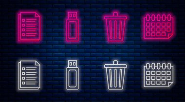 Satır Usb flash diski, Çöp kutusu, Dosya belgesi ve Takvimi ayarla. Tuğla duvarda parlayan neon simgesi. Vektör