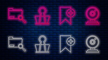 Satır Binder klipsi, Yer imi, Dosya ve Web kamerası ile Arama konseptini ayarla. Tuğla duvarda parlayan neon simgesi. Vektör