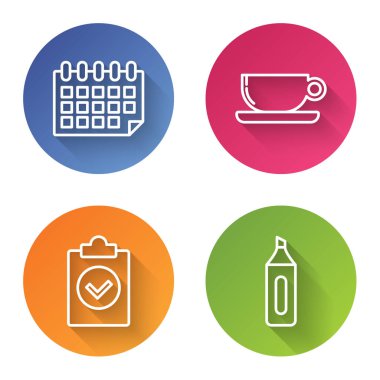 Takvimi ayarla, kahve bardağını düzleştir, görevi tamamla ve kalemini yaz. Renkli daire düğmesi. Vektör