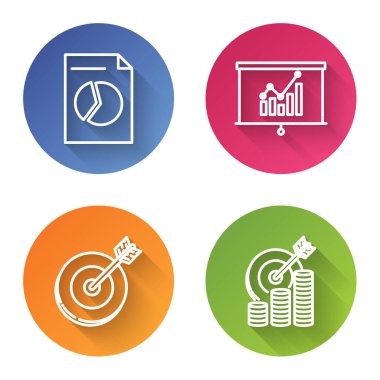 Grafik grafiği ile satır Belgesi, grafik grafiği ile tahta, bozuk para sembolü ile Hedef ve Hedef belirle. Renkli daire düğmesi. Vektör