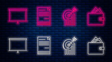 Satır Belgesi, Grafik çizelgesi olan Hedef, Kağıt para destesi olan Chalkboard ve Cüzdan. Tuğla duvarda parlayan neon simgesi. Vektör