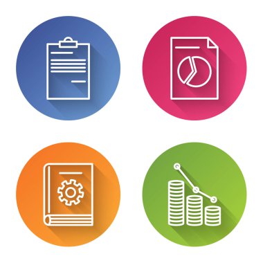 Satır Belgesi, grafik tablosu, Kullanıcı kılavuzu ve Pasta grafiği bilgisi ve madeni para ile belgeyi ayarla. Renkli daire düğmesi. Vektör