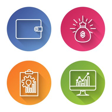 Satır çizgisi, para çantası, grafik grafikli pano ve grafik grafikli bilgisayar monitörü. Renkli daire düğmesi. Vektör