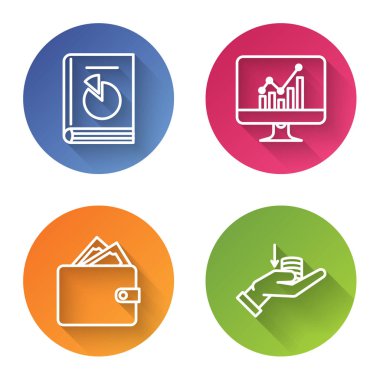 Satır Kullanıcı Kılavuzu, grafik grafikli bilgisayar monitörü, kağıt para desteli cüzdan ve elde para. Renkli daire düğmesi. Vektör